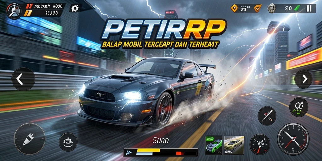 Tampilan gameplay yang mendebarkan di PETIRRP menunjukkan balapan yang intens.