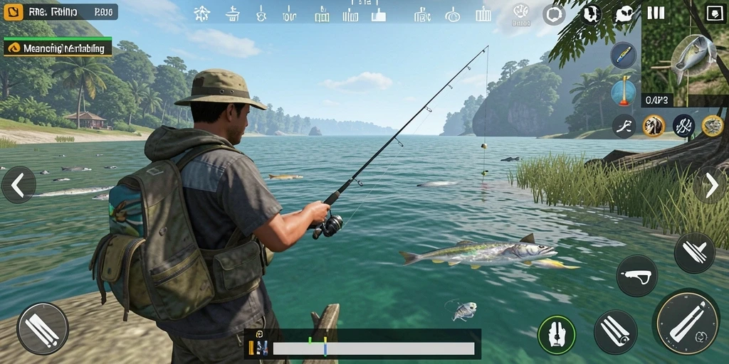 Screenshot utama dari game RVIP3 menampilkan aksi memancing yang seru.
